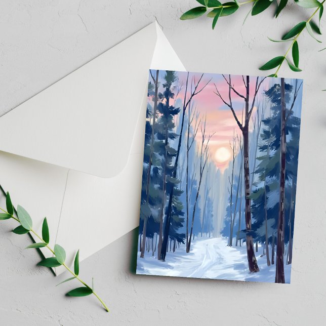 Carte aquarelle chemin forestier enneigé ensoleill (Créateur téléchargé)