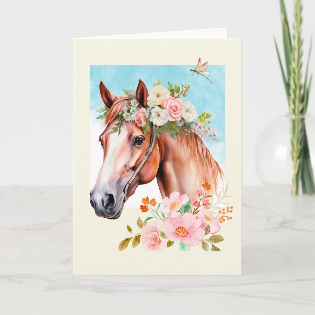 Carte Aquarelle Cheval et Fleurs Salutation (Devant)