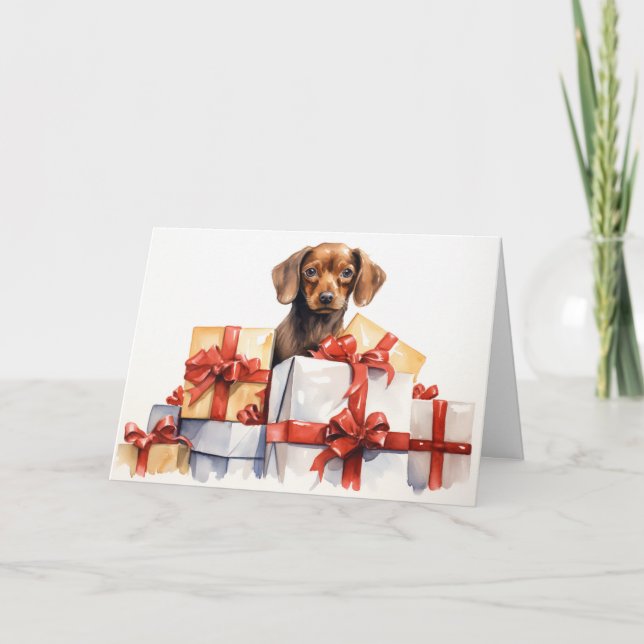 Carte Aquarelle chien derrière les cadeaux de Noël (Devant)
