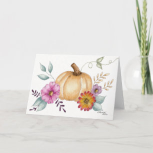 Carte Aquarelle citrouille et fleurs pour l'automne