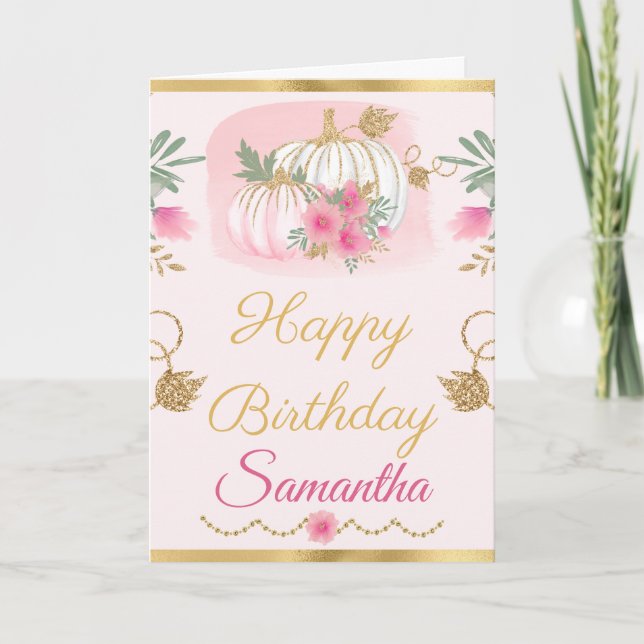 Carte Aquarelle Citrouille Rose Or Anniversaire (Devant)