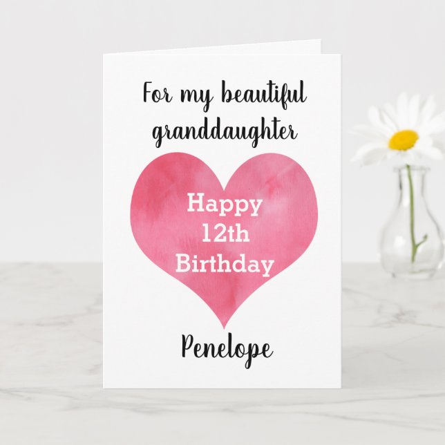 Carte Aquarelle Coeur 12e anniversaire petite-fille (Petite plante)