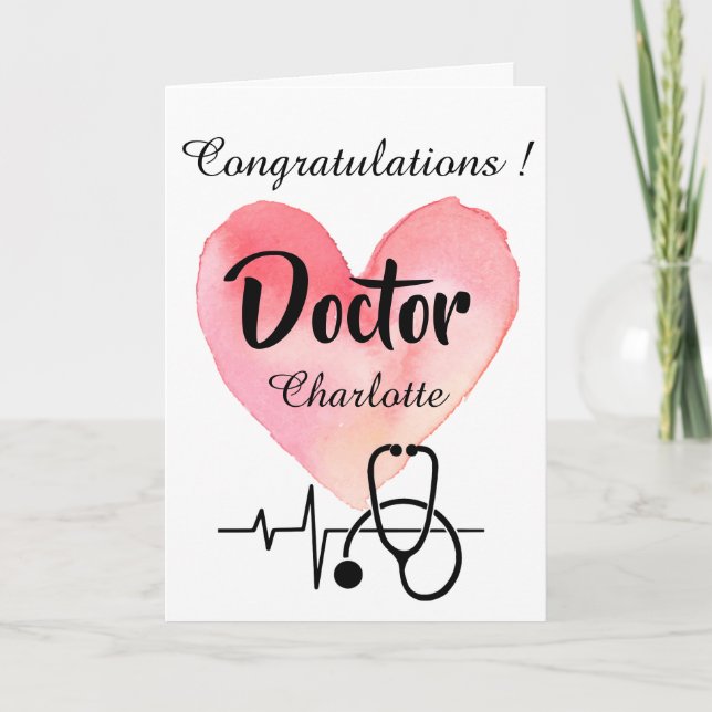 Carte Aquarelle Coeur et stéthoscope Docteur Graduation (Devant)