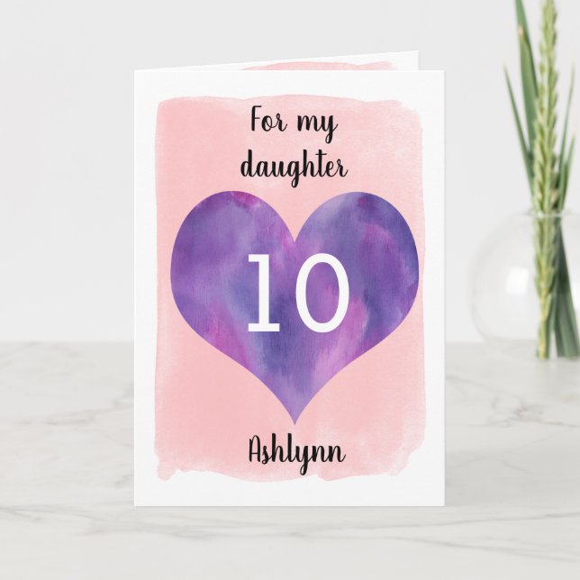 Carte Aquarelle Coeur rose et pourpre 10e anniversaire (Devant)
