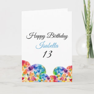 Carte Aquarelle colorée joueuse Coeurs 13e anniversaire