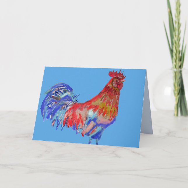 Carte aquarelle Coq Oiseau Poulet Rouge Bleu (Devant)