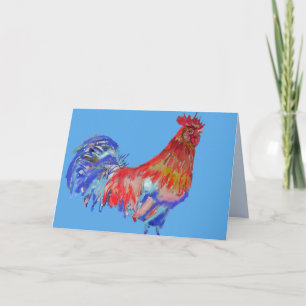 Carte aquarelle Coq Oiseau Rouge Bleu