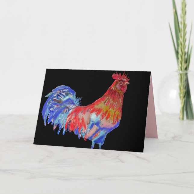 Carte aquarelle coq rouge et bleu noir (Devant)