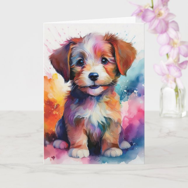 Carte Aquarelle couleur mignonne Noir de chiot (Orchidée)