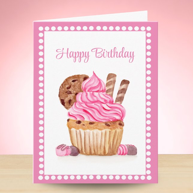 Carte Aquarelle Cupcake Rose Avec Chocolat Anniversaire (Créateur téléchargé)