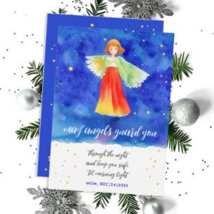 Carte Aquarelle Cute Blue Guardian Angel Faith Art