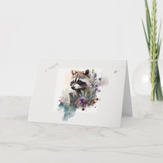 Carte Aquarelle Cute Raccoon Fleurs de printemps (Devant)