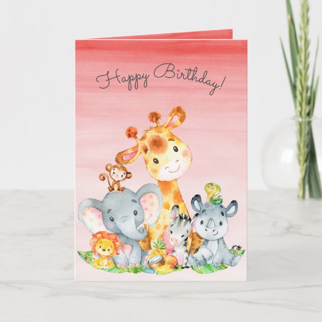 Carte Aquarelle Cute Safari Jungle Animaux Anniversaire (Devant)