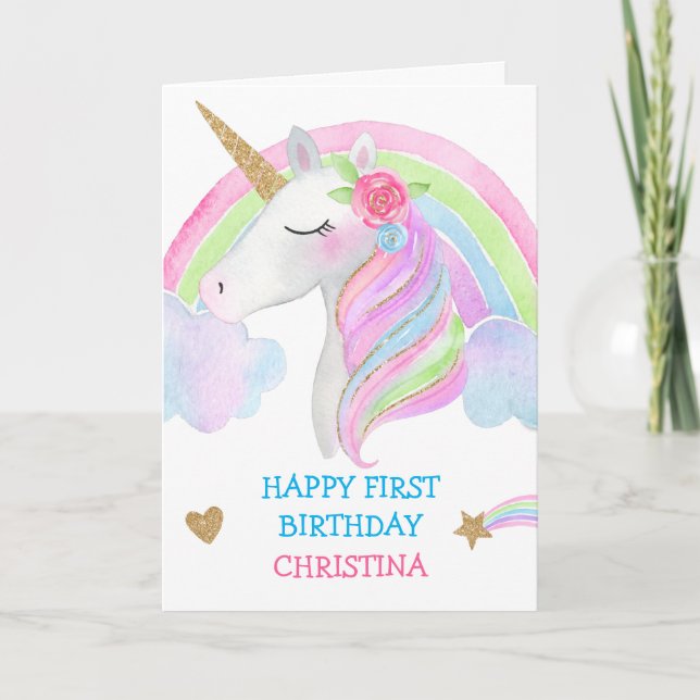 Carte Aquarelle Cute Unicorn Personnalisée Fille Anniver (Devant)