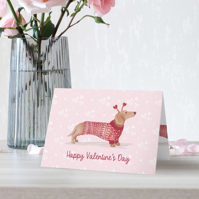 Carte Aquarelle Dachshund Chien Saint Valentin Sweater (Watercolor Dachshund Dog Valentine's Day Sweater Card)