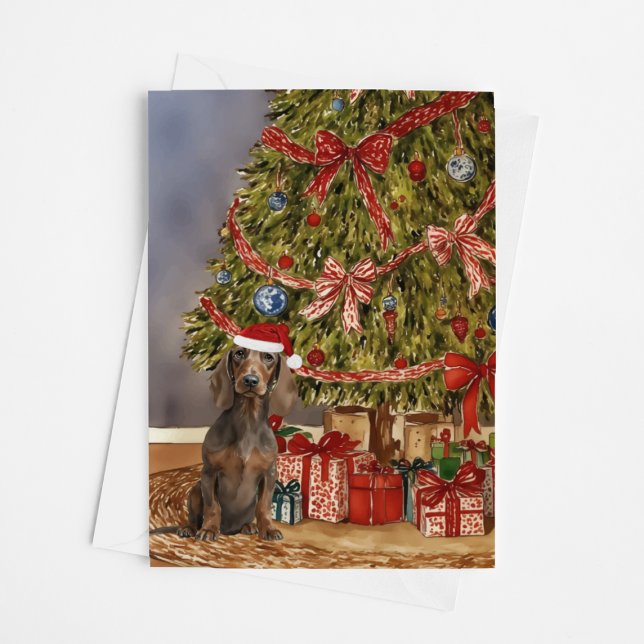 Carte Aquarelle Dachshund sous l'arbre de Noël (Créateur téléchargé)