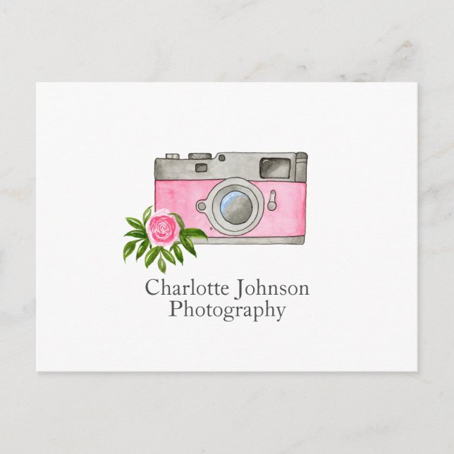 Carte aquarelle d'appareil photo rose vintage (Devant)