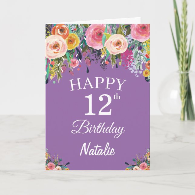 Carte Aquarelle de 12e anniversaire Fleurs florales Viol (Devant)