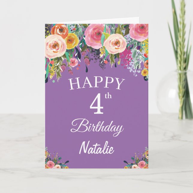 Carte Aquarelle de 4e anniversaire Floral Flowers violet (Devant)