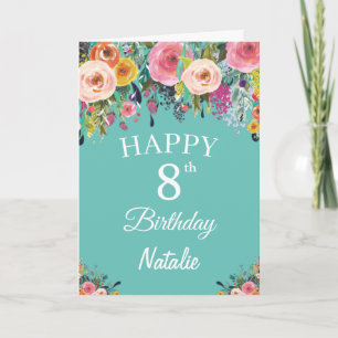 Carte Aquarelle de 8e anniversaire Fleurs florales Turqu