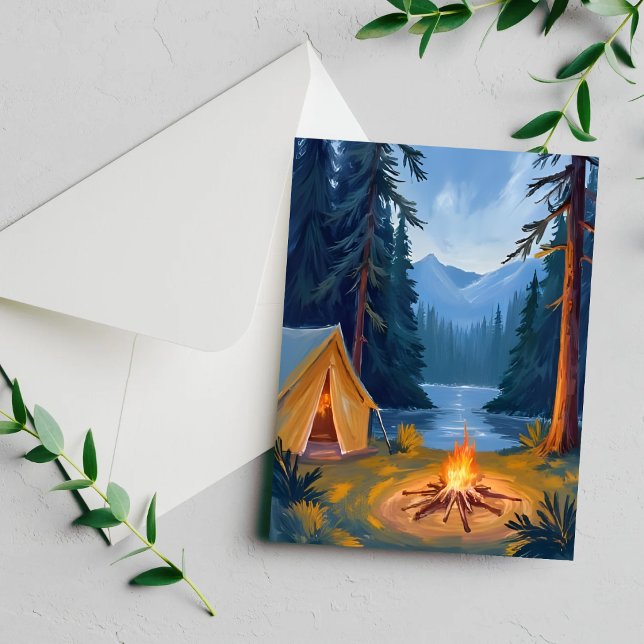 Carte aquarelle de camping en forêt autour d'un fe (Créateur téléchargé)