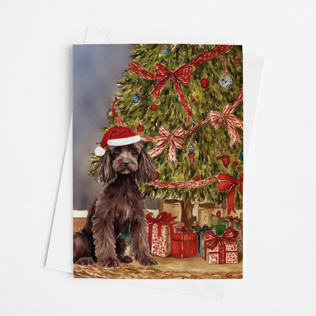 Carte Aquarelle de caniche sous l'arbre de Noël (Créateur téléchargé)