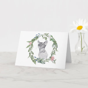 Carte Aquarelle de chat noir et blanc Vert rose floral