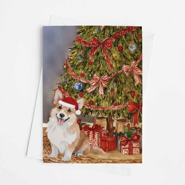 Carte Aquarelle de Corgi sous l'arbre de Noël (Créateur téléchargé)