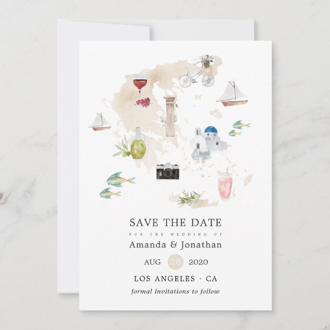 Carte aquarelle de Grèce mariage de destination (Devant)