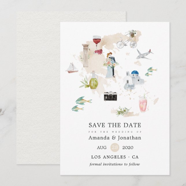 Carte aquarelle de Grèce mariage de destination (Devant / Derrière)