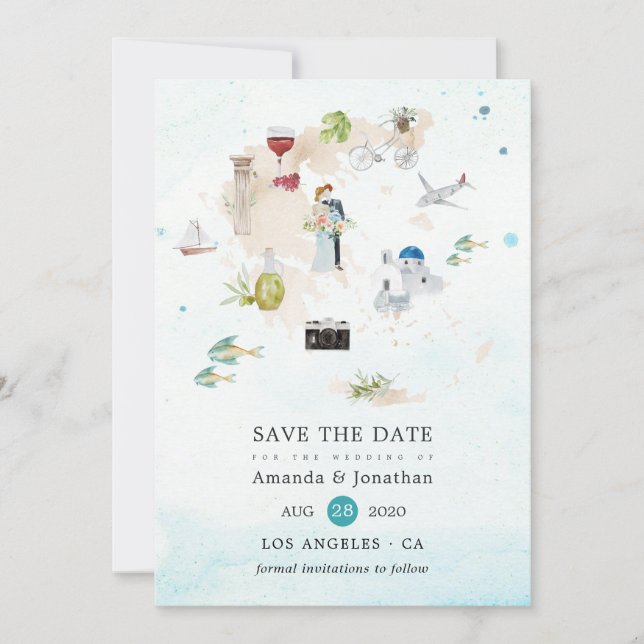 Carte aquarelle de Grèce mariage de destination (Devant)