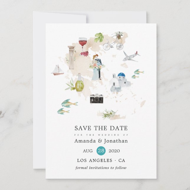 Carte aquarelle de la Grèce pour mariage de destin (Devant)