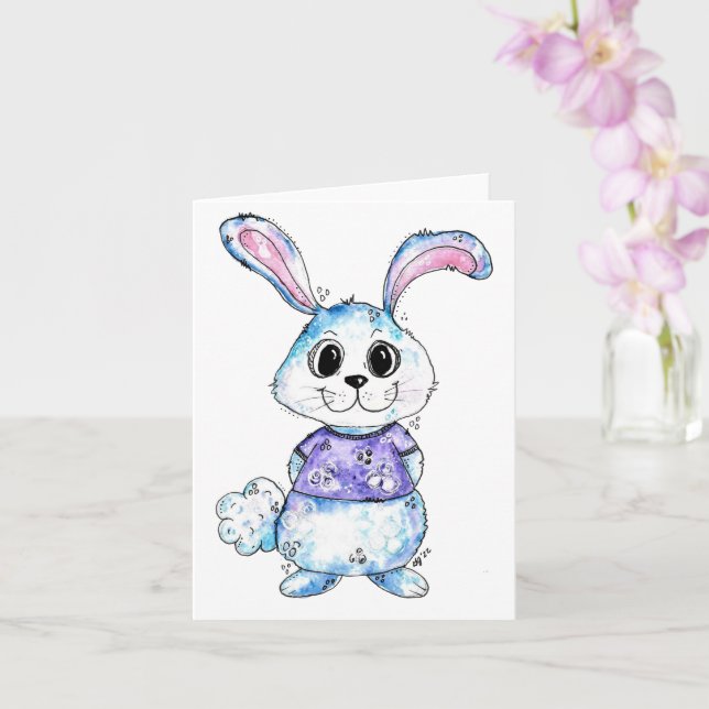 Carte Aquarelle de lapin bleu doux et blanc (Orchidée)