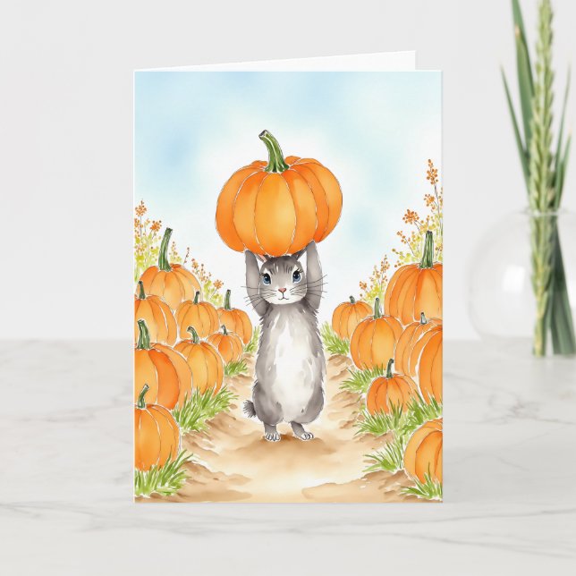 Carte Aquarelle de lapin dans un champ de citrouilles (Devant)