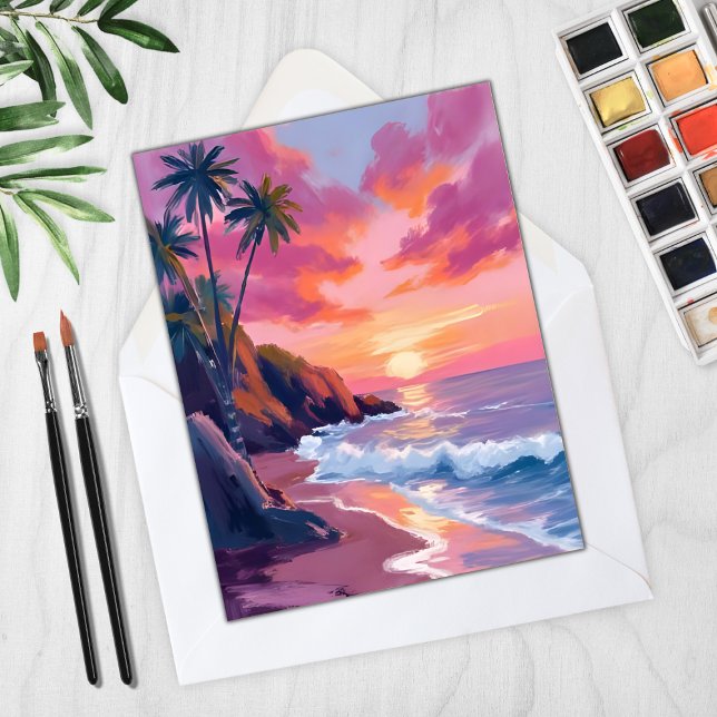 Carte aquarelle de l'océan au coucher de soleil ro (Créateur téléchargé)