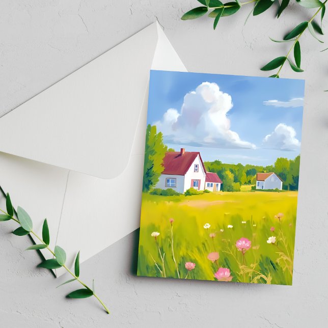 Carte aquarelle de maison de campagne champ vert l (Créateur téléchargé)