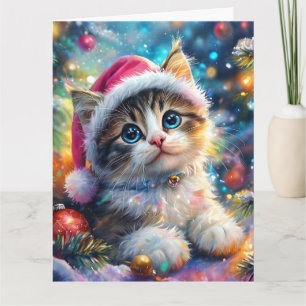 Carte Aquarelle de Noël de Chaton sucré en Casquette ros