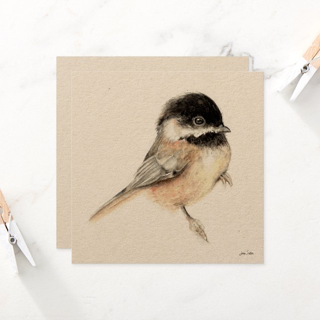 Carte Aquarelle de peinture de poulet (Chickadee Painting Watercolor Card from Jenn's Emporium. )