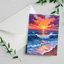 Carte aquarelle des vagues de plage au coucher du
