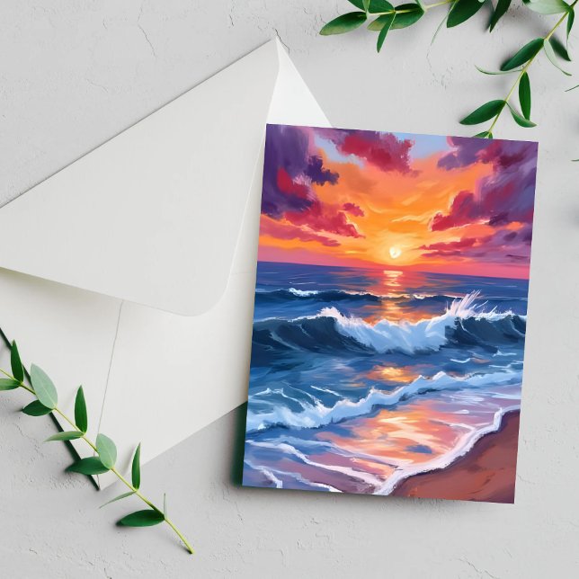 Carte aquarelle des vagues de plage au coucher du  (Créateur téléchargé)