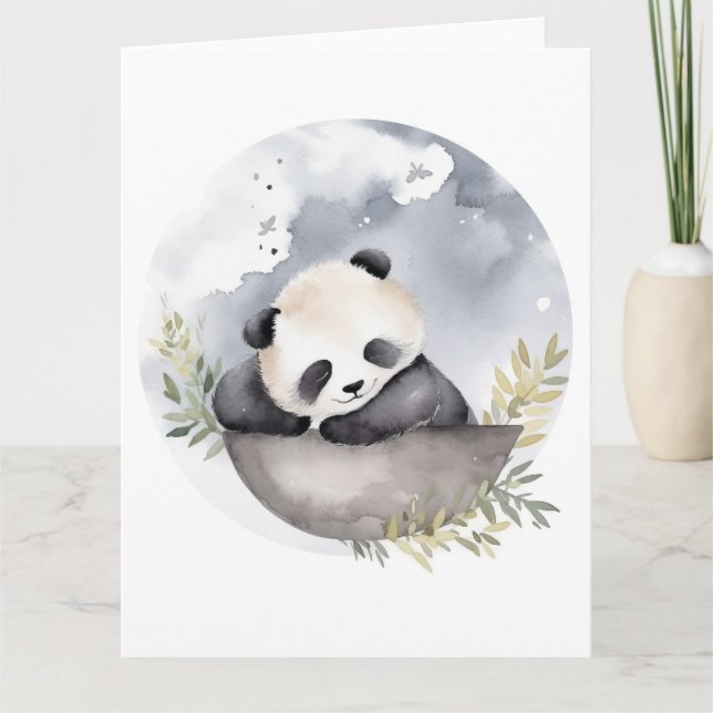 Carte Aquarelle dormante bébé Panda Ours (Devant)