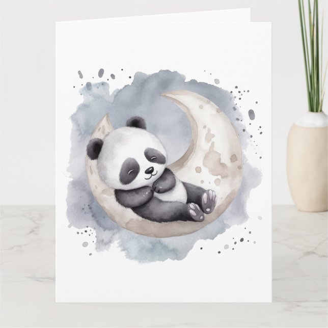 Carte Aquarelle dormante Croissant Lune Baby Panda (Devant)
