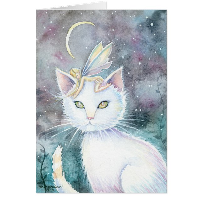 Carte aquarelle du chat et de la fée de Lune argen (Devant)