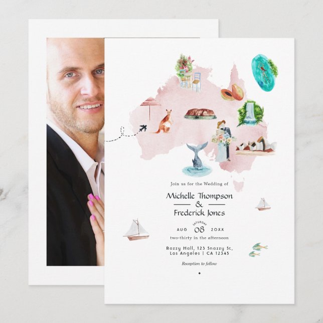Carte aquarelle du mariage de destination en Austr (Devant / Derrière)