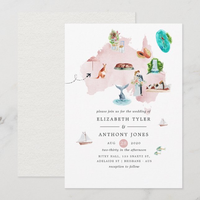 Carte aquarelle du mariage de destination en Austr (Devant / Derrière)
