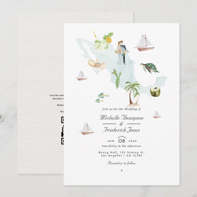 Carte aquarelle du Mexique Code QR RSVP Mariage (Devant / Derrière)