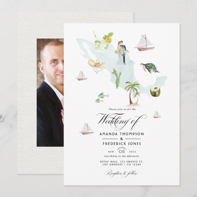 Carte aquarelle du Mexique Destination Wedding Pho (Devant / Derrière)