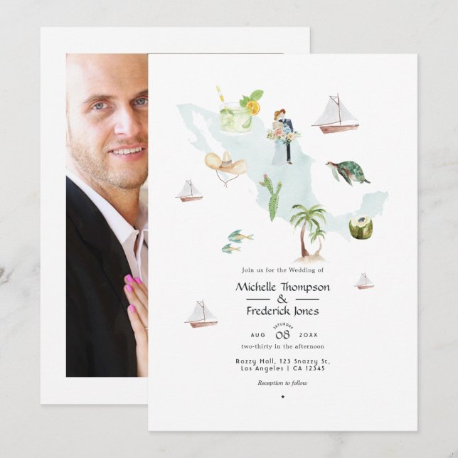 Carte aquarelle du Mexique mariage de destination  (Devant / Derrière)
