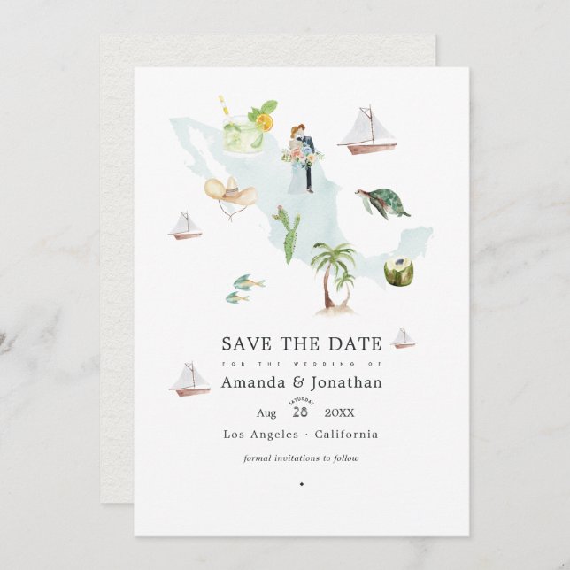 Carte aquarelle du Mexique Mariage Photo de destin (Devant / Derrière)