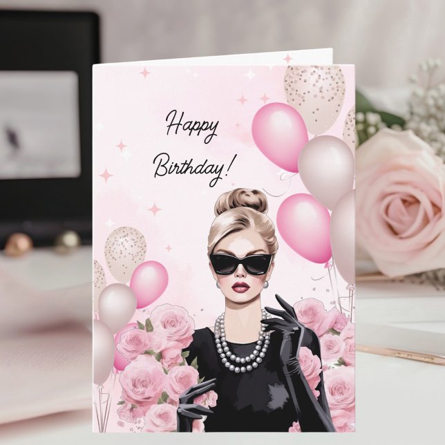 Carte Aquarelle Fashionista Chic Rose Joyeux anniversair (Créateur téléchargé)
